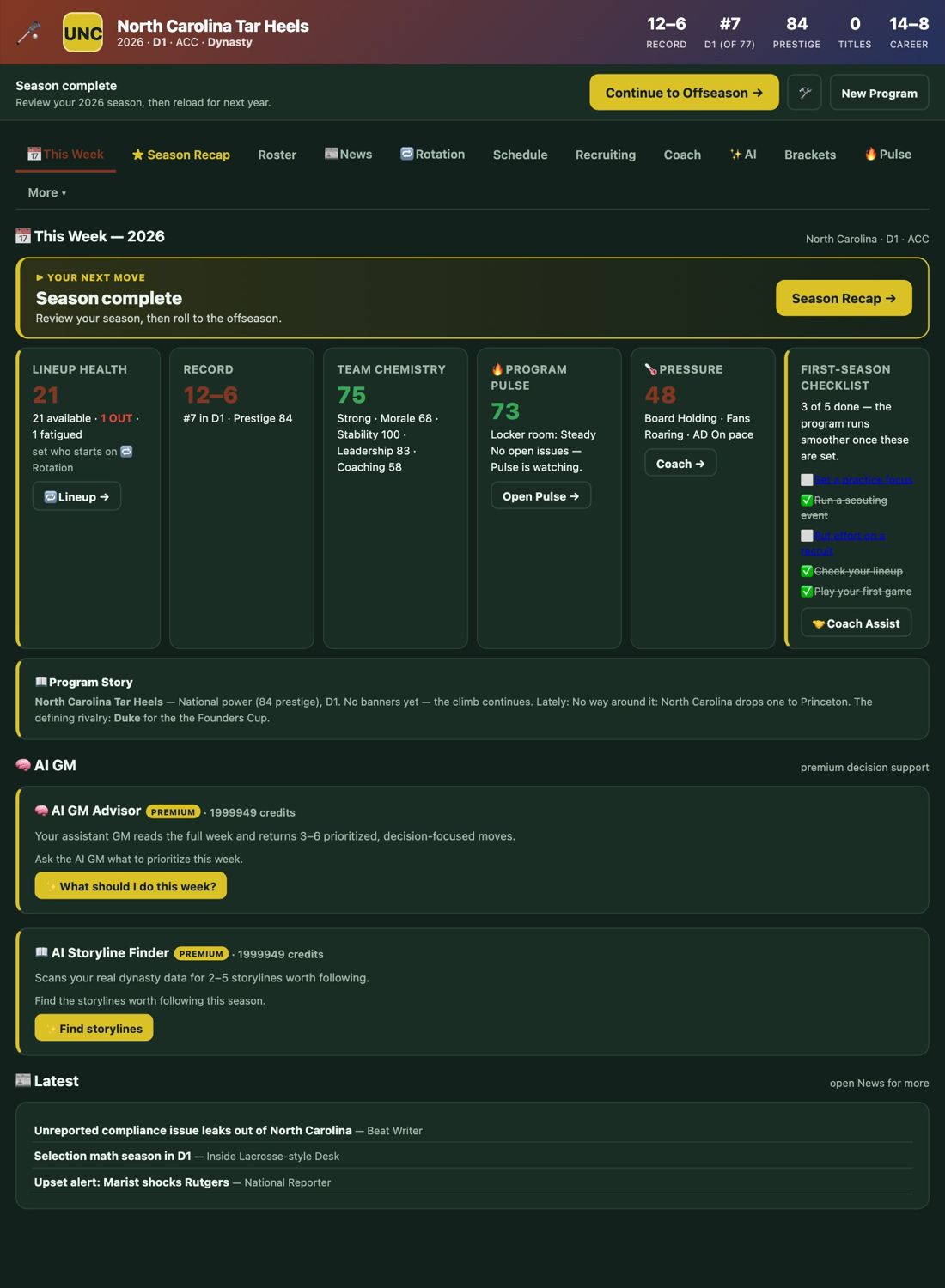 Blue Chip Lax This Week screen showing the weekly hub with tasks, news and the next game